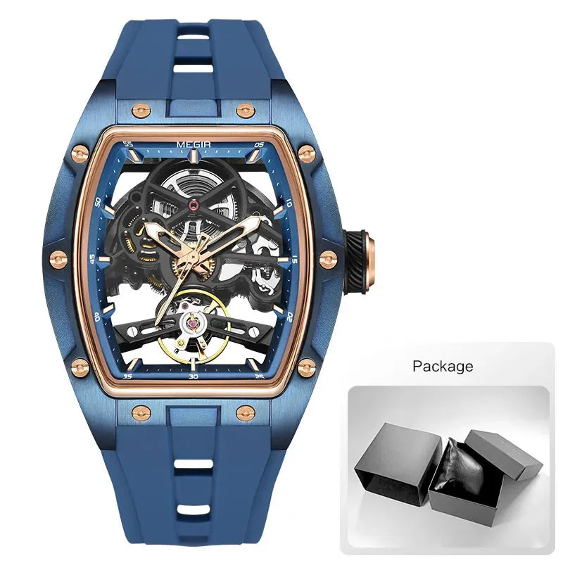MEGIR Men's Automatic Mechanical Watch with Stainless Steel Case Silicone Band Skeleton Dial Waterproof Sport Wristwatch