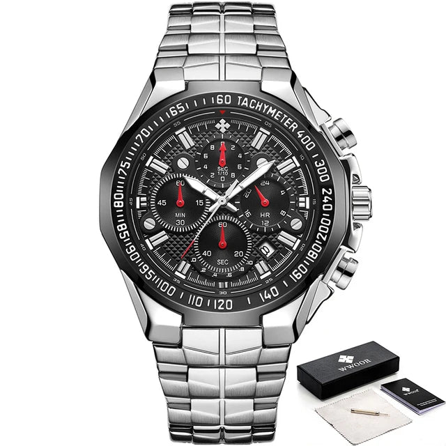 WWOOR Luxury Military Quartz Watch - Waterproof Steel Chronograph