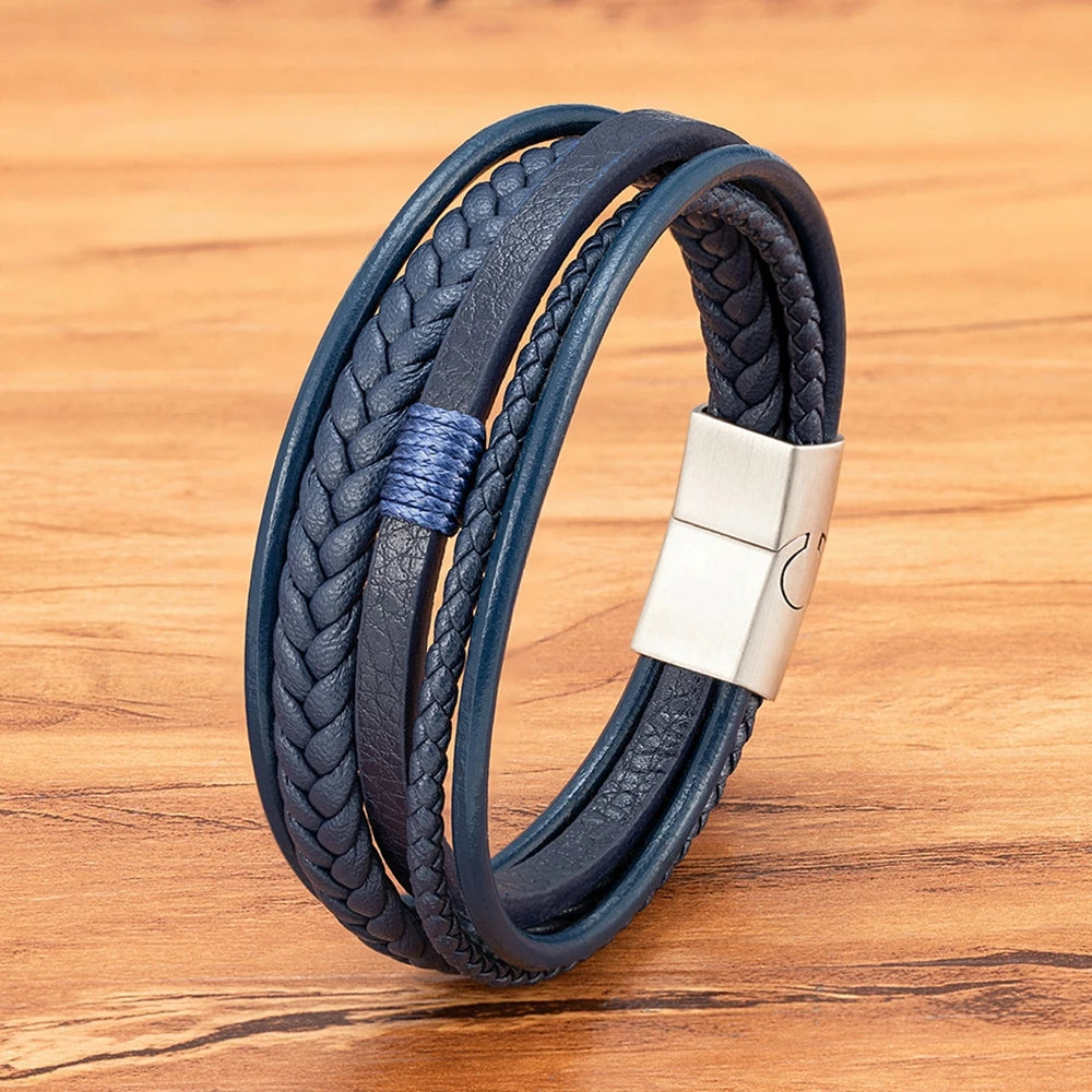 XQNI Luxury Fashion Hand-Woven Leather Bracelet Multilayer Men's Bangles Stainless Steel Magnetic Buckle Party Jewelry Gift