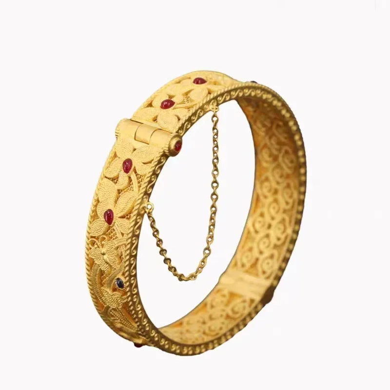 Pure gold 24K gold bracelet AU999 national trend enamel orchid heart retro palace style hollow filigree female jewelry