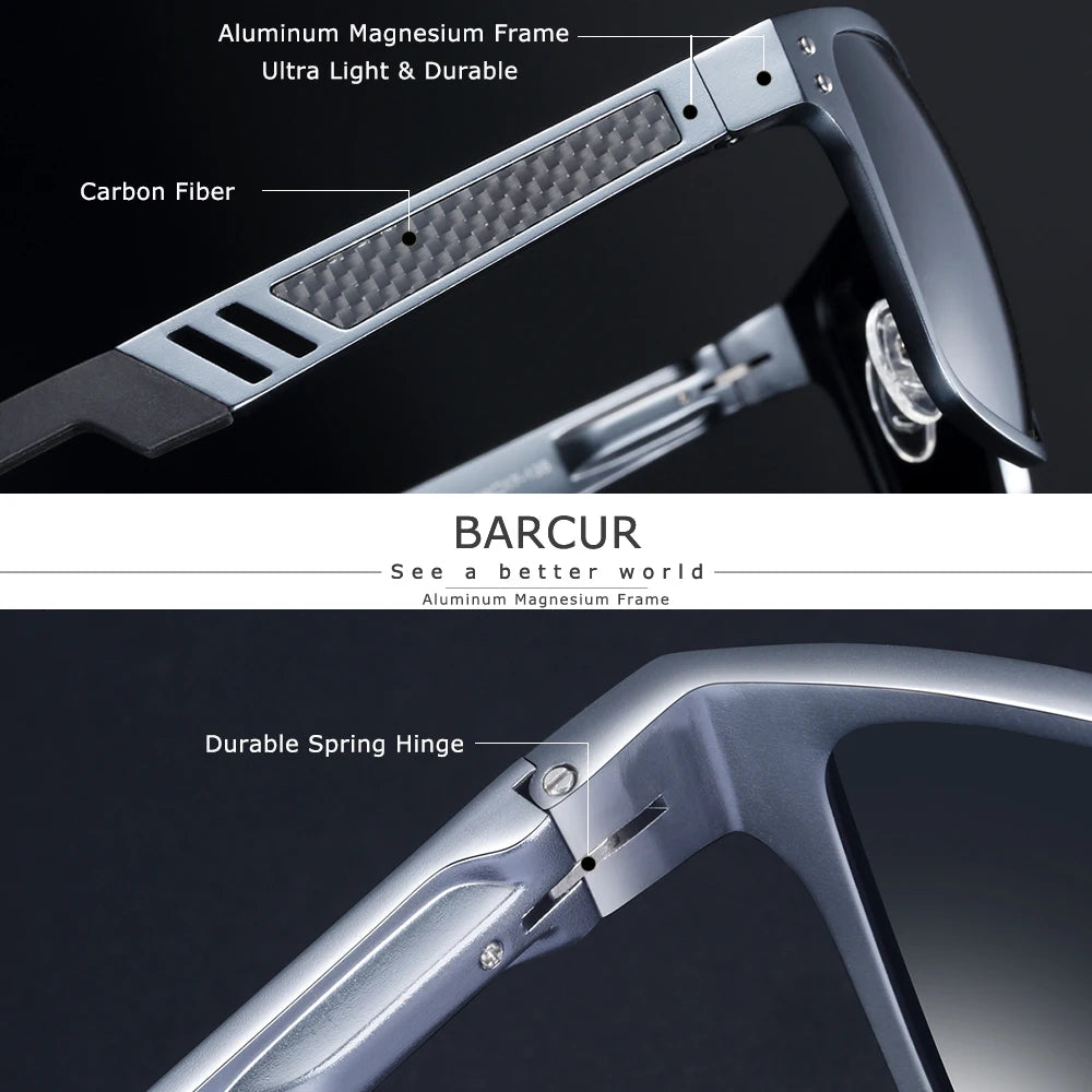 BARCUR Aluminium Magnesium Sunglasses Square Men Sunglasses Polarized Male Sun glasses Women  Sport Eyewear Oculos de sol