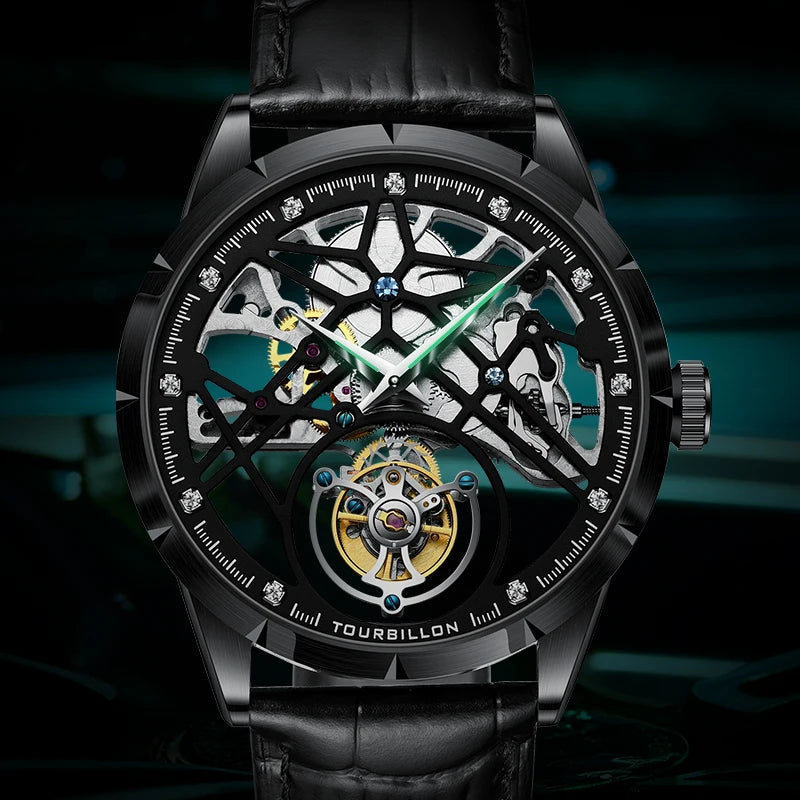 Jinlery moda real tourbillon relógio homem luxo esqueleto relógios para homem relógio de pulso masculino novos presentes relogio masculino2025