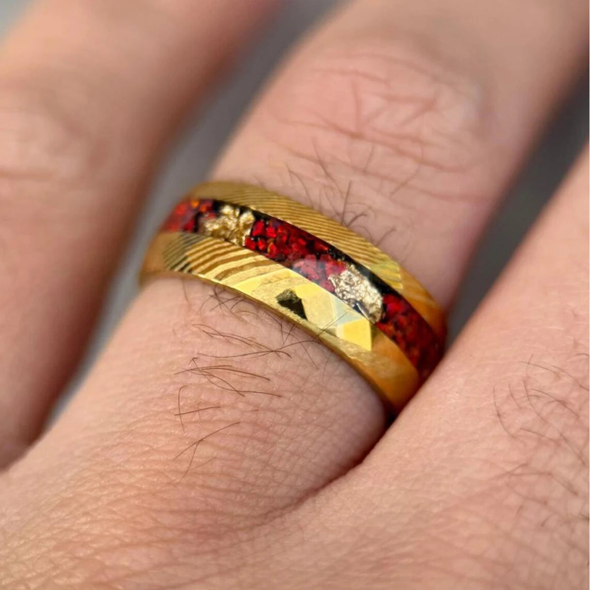 Golden Damascus ring for man anillos bague homme pareja de compromiso fashion jewelry wedding bands red opal engagement rings