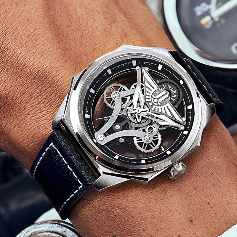 Jinlery relógio mecânico automático para homens luminoso relógio de pulso luxo safira cristal esqueleto mechan relógios relogio masculino