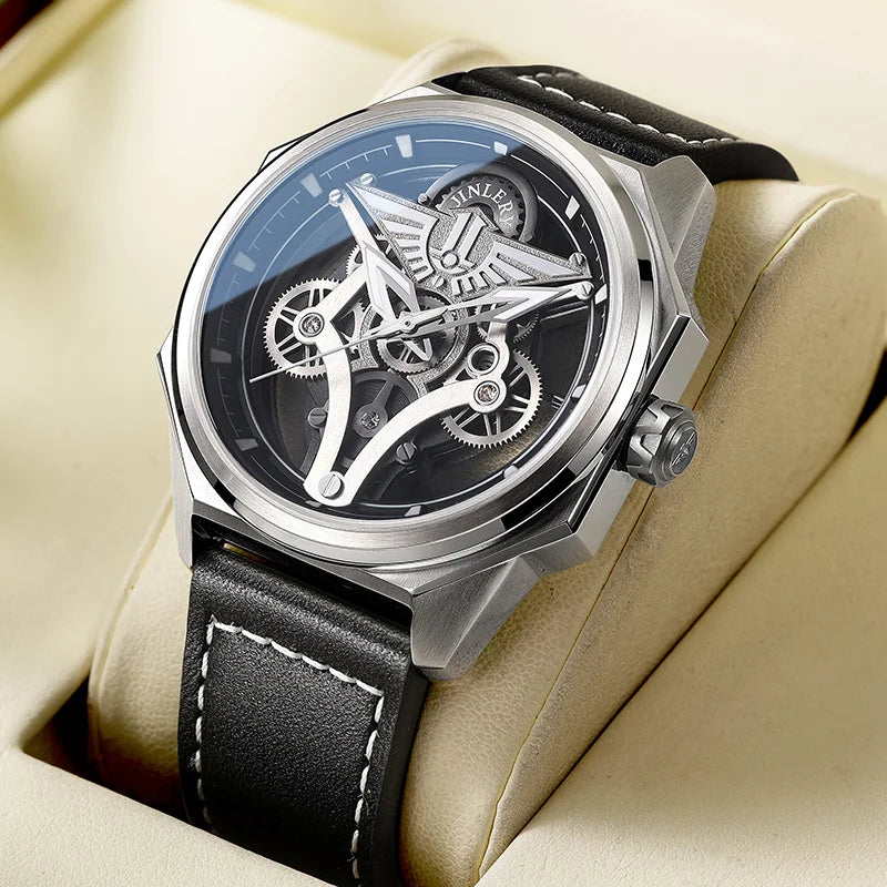 Jinlery relógio mecânico automático para homens luminoso relógio de pulso luxo safira cristal esqueleto mechan relógios relogio masculino