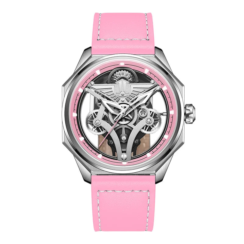 Jinlery relógio mecânico automático para homens luminoso relógio de pulso luxo safira cristal esqueleto mechan relógios relogio masculino