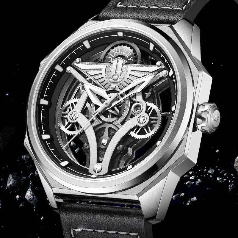 Jinlery relógio mecânico automático para homens luminoso relógio de pulso luxo safira cristal esqueleto mechan relógios relogio masculino