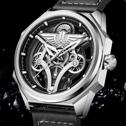 Jinlery relógio mecânico automático para homens luminoso relógio de pulso luxo safira cristal esqueleto mechan relógios relogio masculino