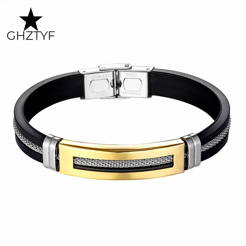 Golden Chain Stainless Steel Bracelets for Men Women Teens Black Rubber Belt Wristband Cuff Bangle Male Hand Jewelry Gifts
