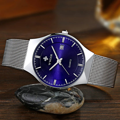 WWOOR Watch Men Luxury Ultra-thin Casual Mens Watch Blue Waterproof Stainless Steel Quartz Auto Date Fashion Watches Mens 2024