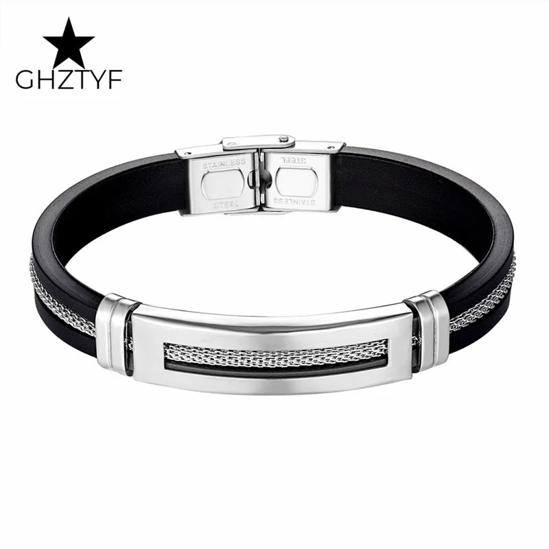 Golden Chain Stainless Steel Bracelets for Men Women Teens Black Rubber Belt Wristband Cuff Bangle Male Hand Jewelry Gifts