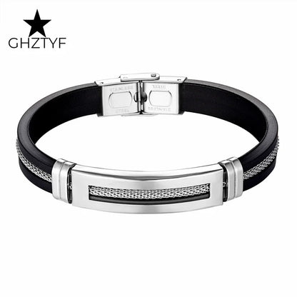 Golden Chain Stainless Steel Bracelets for Men Women Teens Black Rubber Belt Wristband Cuff Bangle Male Hand Jewelry Gifts