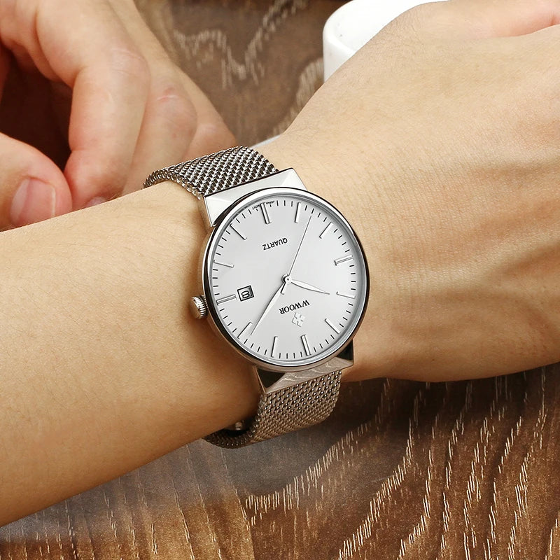 WWOOR Mens Watches 2025 Luxury Brand Quartz Casual Dress Watches For Men Stainless Steel Mesh belt Waterproof Calendar Watch Men