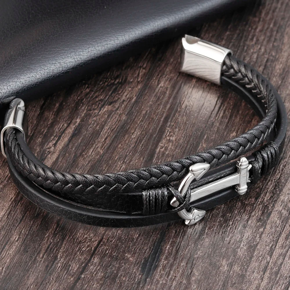 Punk Stainless Steel Anchor Bracelets Genuine Leather Bracelet & Bangles for Men Jewelry Black Color Fashion Gift