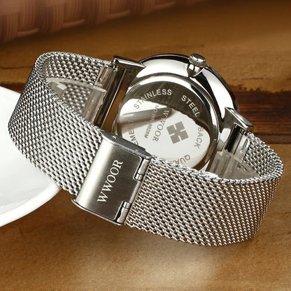 WWOOR Mens Watches 2025 Luxury Brand Quartz Casual Dress Watches For Men Stainless Steel Mesh belt Waterproof Calendar Watch Men