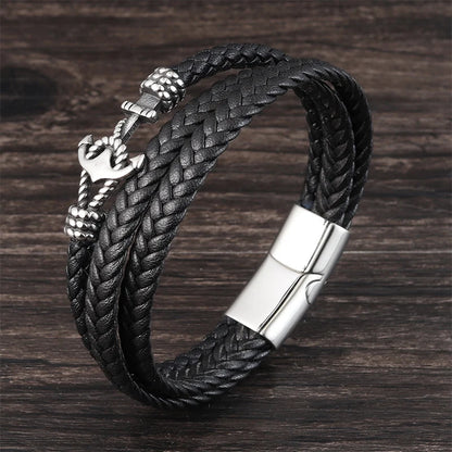 Punk Stainless Steel Anchor Bracelets Genuine Leather Bracelet & Bangles for Men Jewelry Black Color Fashion Gift