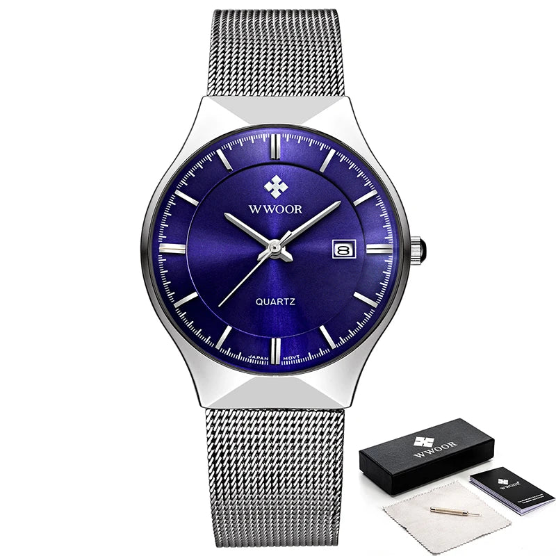 WWOOR Watch Men Luxury Ultra-thin Casual Mens Watch Blue Waterproof Stainless Steel Quartz Auto Date Fashion Watches Mens 2024