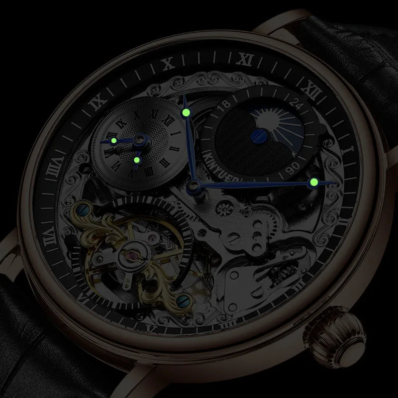 Kinyued original automático oco relógio mecânico masculino relógio de couro luminoso à prova dwaterproof água turbilhão relógio masculino reloj hombre novo