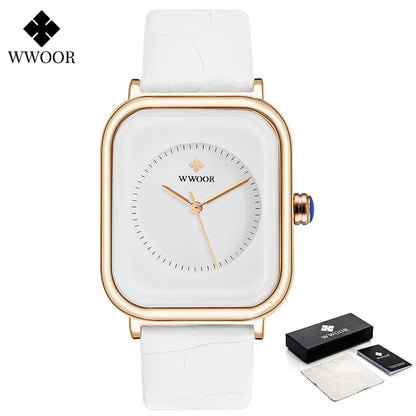 Fashion Women Watches 2023 WWOOR White Leather Minimalist Rectangle Ladies Quartz Dress Wristwatch Relogio Feminino Montre Femme