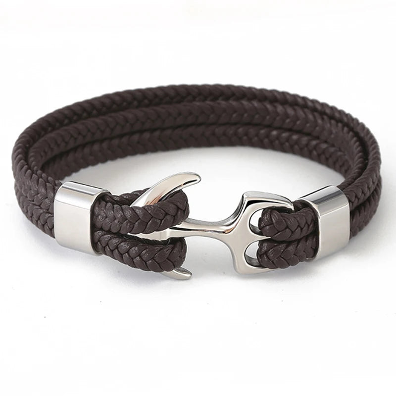 Punk Stainless Steel Anchor Bracelets Genuine Leather Bracelet & Bangles for Men Jewelry Black Color Fashion Gift