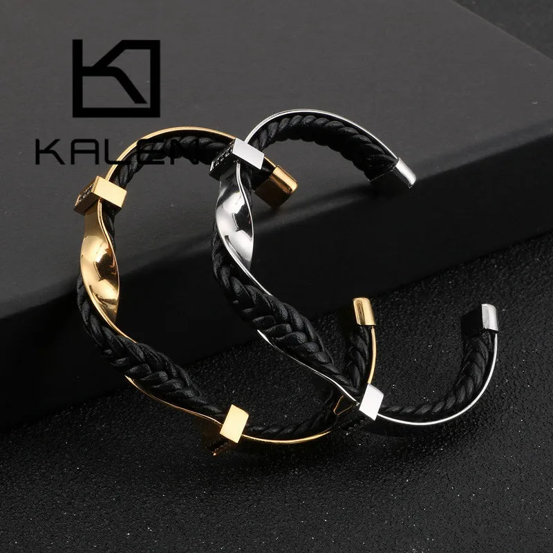 Kalen pulseiras irregulares exclusivas para homens, ouro/cor, aço inoxidável, couro de vaca, pulseiras masculinas, hip hop, joias masculinas
