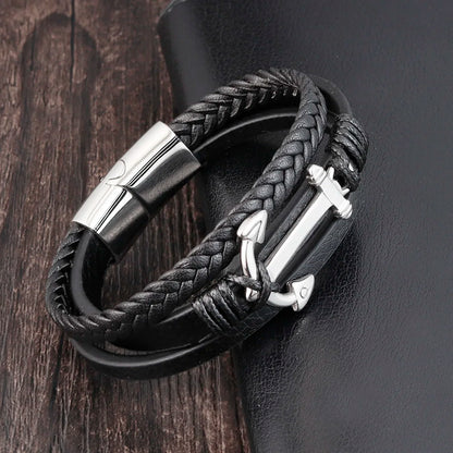 Punk Stainless Steel Anchor Bracelets Genuine Leather Bracelet & Bangles for Men Jewelry Black Color Fashion Gift