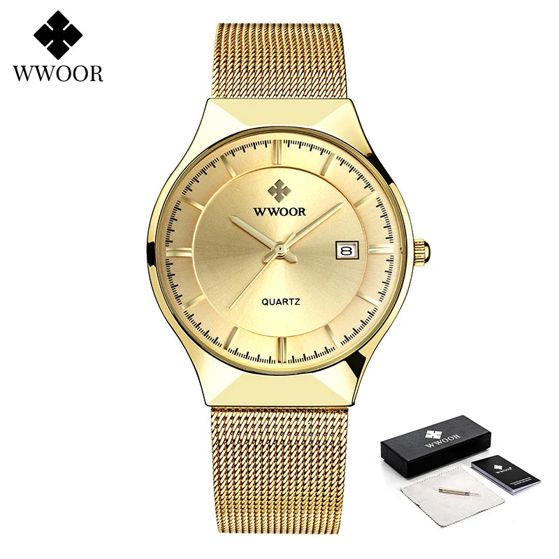 Wwoor luxo ultra fino masculino quartzo relógios de pulso à prova dwaterproof água casual esportes malha aço ouro data automática relógio relogio masculino