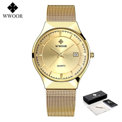 Wwoor luxo ultra fino masculino quartzo relógios de pulso à prova dwaterproof água casual esportes malha aço ouro data automática relógio relogio masculino