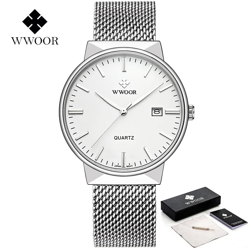 WWOOR Mens Watches 2025 Luxury Brand Quartz Casual Dress Watches For Men Stainless Steel Mesh belt Waterproof Calendar Watch Men