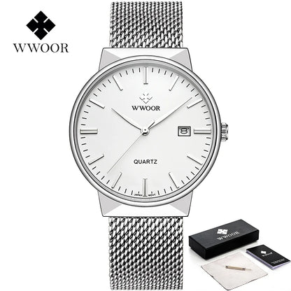 WWOOR Mens Watches 2025 Luxury Brand Quartz Casual Dress Watches For Men Stainless Steel Mesh belt Waterproof Calendar Watch Men
