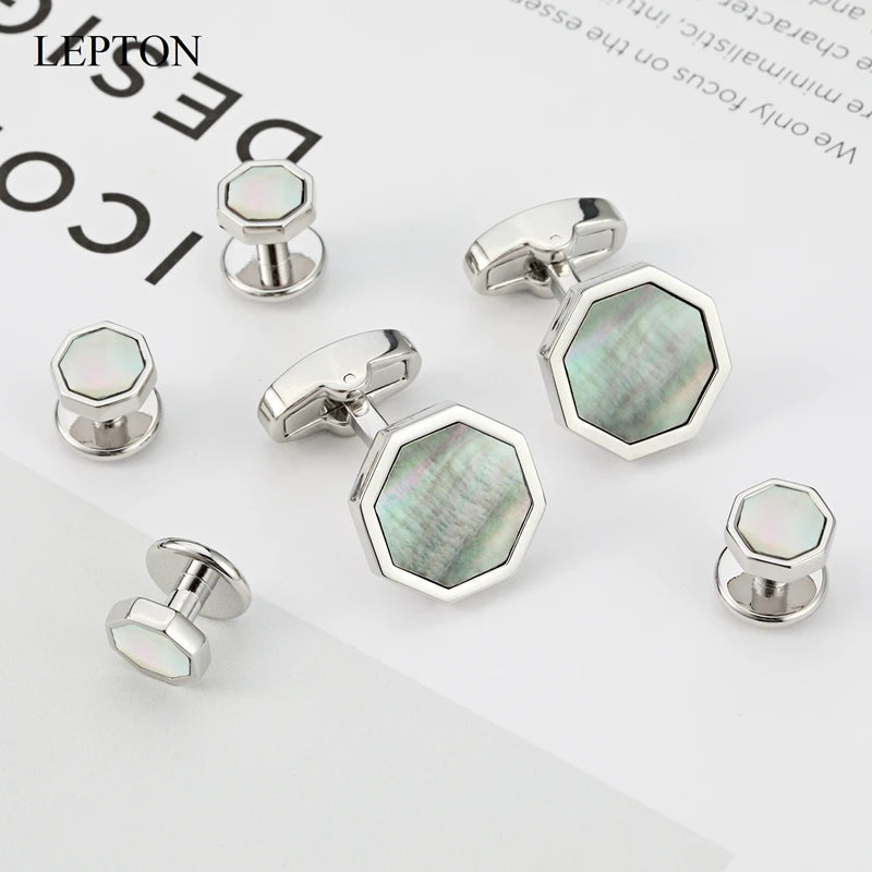 Venda quente mãe de pérola abotoaduras smoking studs conjuntos para terno masculino formal wear lepton abotoadura colar studs abotoaduras melhor presente