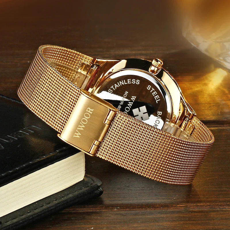 Wwoor luxo ultra fino masculino quartzo relógios de pulso à prova dwaterproof água casual esportes malha aço ouro data automática relógio relogio masculino