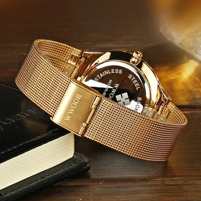 Wwoor luxo ultra fino masculino quartzo relógios de pulso à prova dwaterproof água casual esportes malha aço ouro data automática relógio relogio masculino