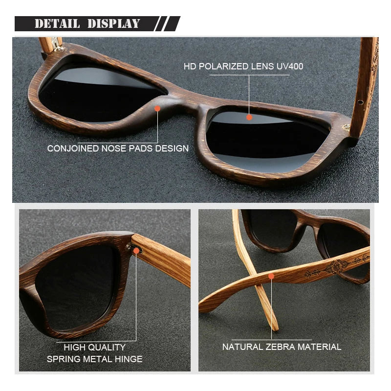 Óculos de bambu natural artesanal para homens, padrão esculpido, óculos de sol polarizados, UV400, moda, 2023