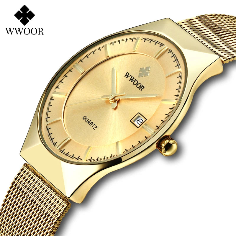 Wwoor luxo ultra fino masculino quartzo relógios de pulso à prova dwaterproof água casual esportes malha aço ouro data automática relógio relogio masculino