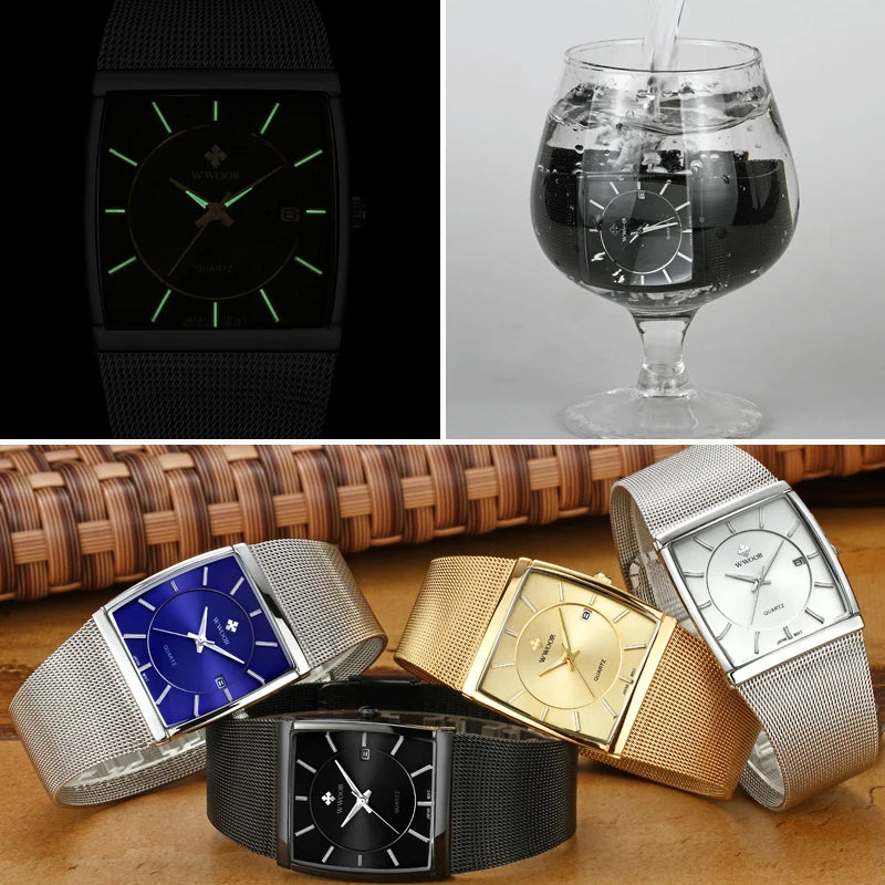 Reloj Hombre WWOOR Men Square Watches Slim White Watch Men Steel Mesh Waterproof Business Date Quartz Wrist Watch Gift Male xfcs