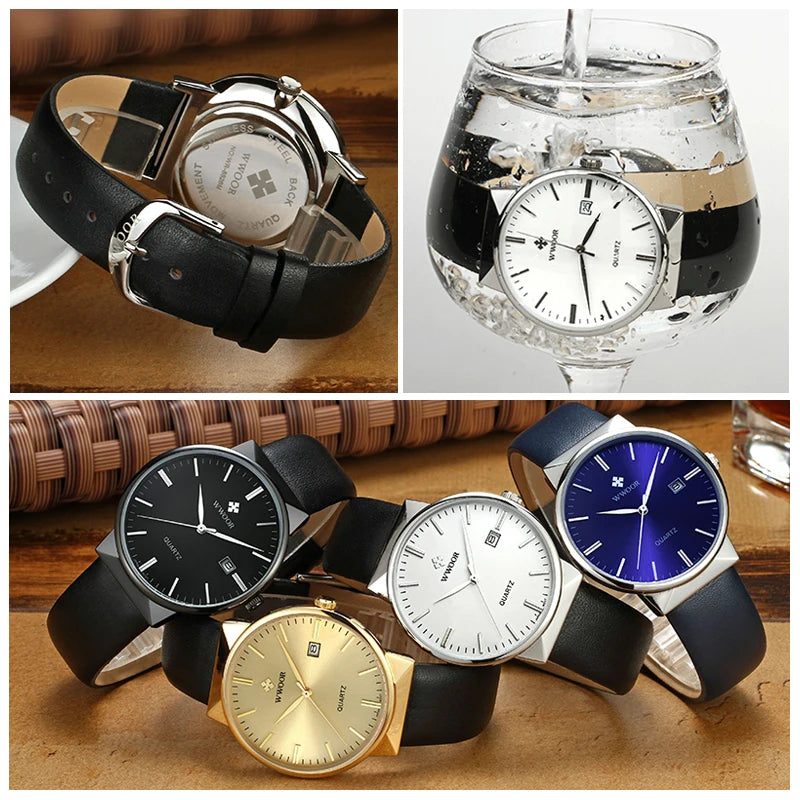 WWOOR Watch Men Luxury Brand Classic Casual Genuine Leather Wrist Watch For Men Waterproof Quartz Date Clock Men Clearance Price