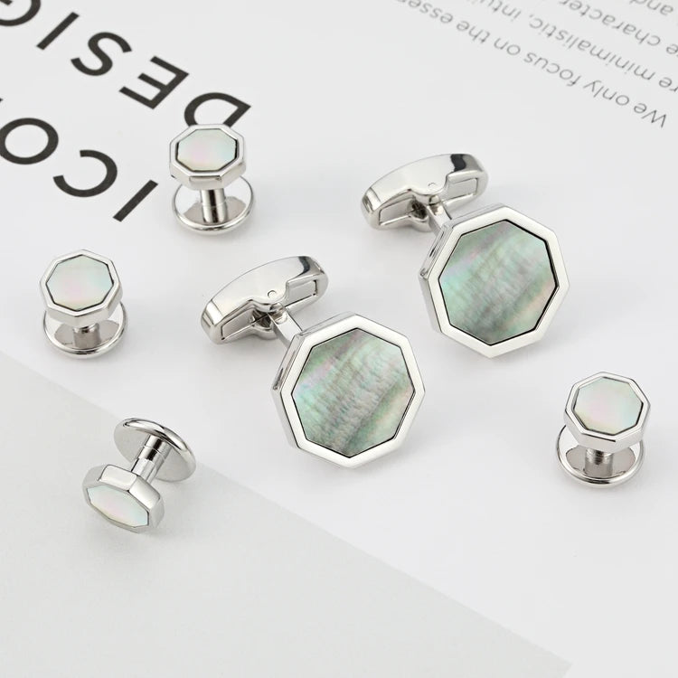 Elegant Mother of Pearl Cufflinks & Tuxedo Studs Set