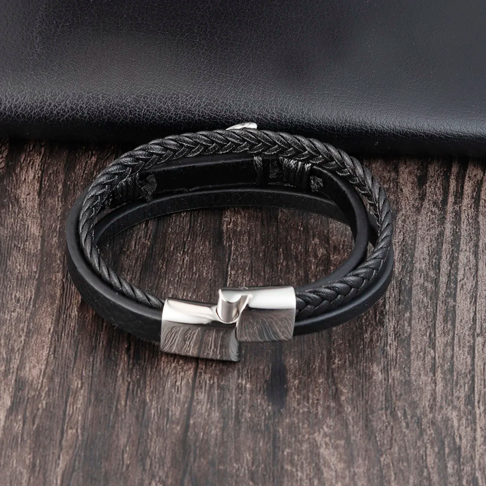 Punk Stainless Steel Anchor Bracelets Genuine Leather Bracelet & Bangles for Men Jewelry Black Color Fashion Gift