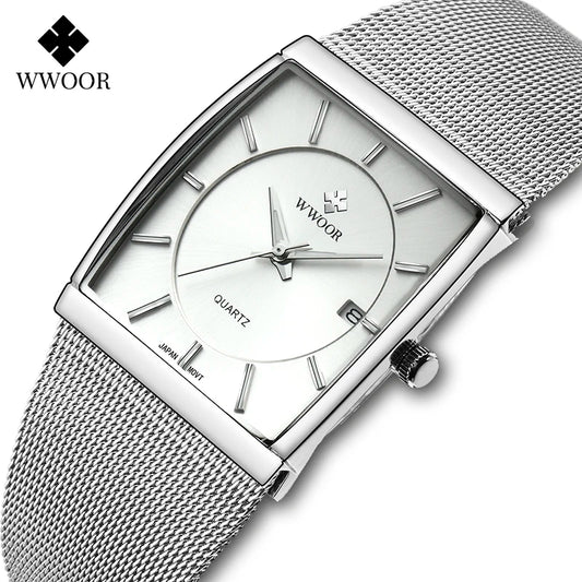 Reloj Hombre WWOOR Men Square Watches Slim White Watch Men Steel Mesh Waterproof Business Date Quartz Wrist Watch Gift Male xfcs