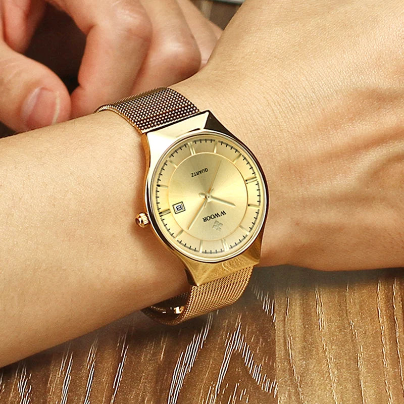Wwoor luxo ultra fino masculino quartzo relógios de pulso à prova dwaterproof água casual esportes malha aço ouro data automática relógio relogio masculino