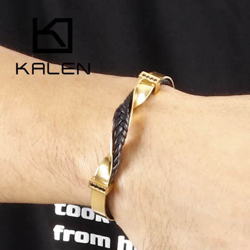 Kalen pulseiras irregulares exclusivas para homens, ouro/cor, aço inoxidável, couro de vaca, pulseiras masculinas, hip hop, joias masculinas