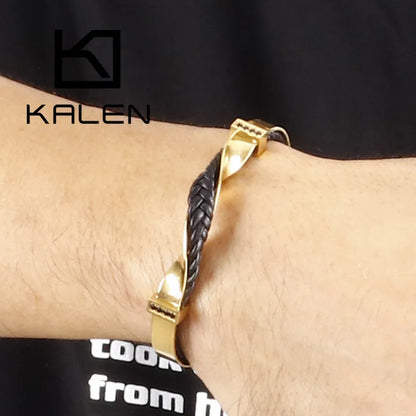 Kalen pulseiras irregulares exclusivas para homens, ouro/cor, aço inoxidável, couro de vaca, pulseiras masculinas, hip hop, joias masculinas