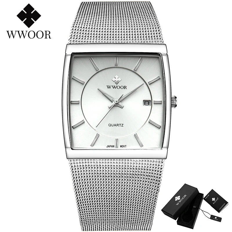 Reloj Hombre WWOOR Men Square Watches Slim White Watch Men Steel Mesh Waterproof Business Date Quartz Wrist Watch Gift Male xfcs