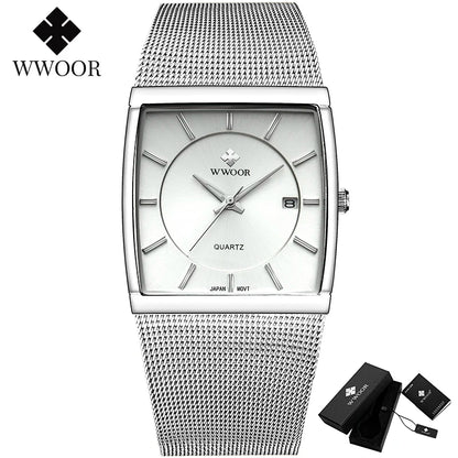 Reloj Hombre WWOOR Men Square Watches Slim White Watch Men Steel Mesh Waterproof Business Date Quartz Wrist Watch Gift Male xfcs