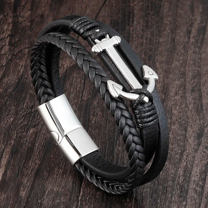 Punk Stainless Steel Anchor Bracelets Genuine Leather Bracelet & Bangles for Men Jewelry Black Color Fashion Gift