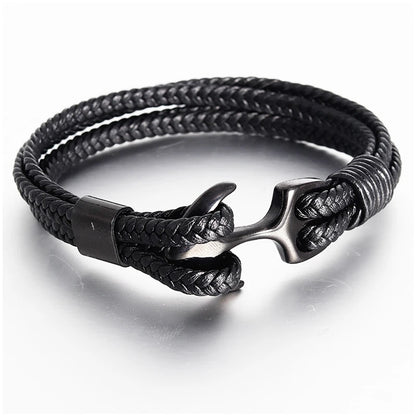 Punk Stainless Steel Anchor Bracelets Genuine Leather Bracelet & Bangles for Men Jewelry Black Color Fashion Gift