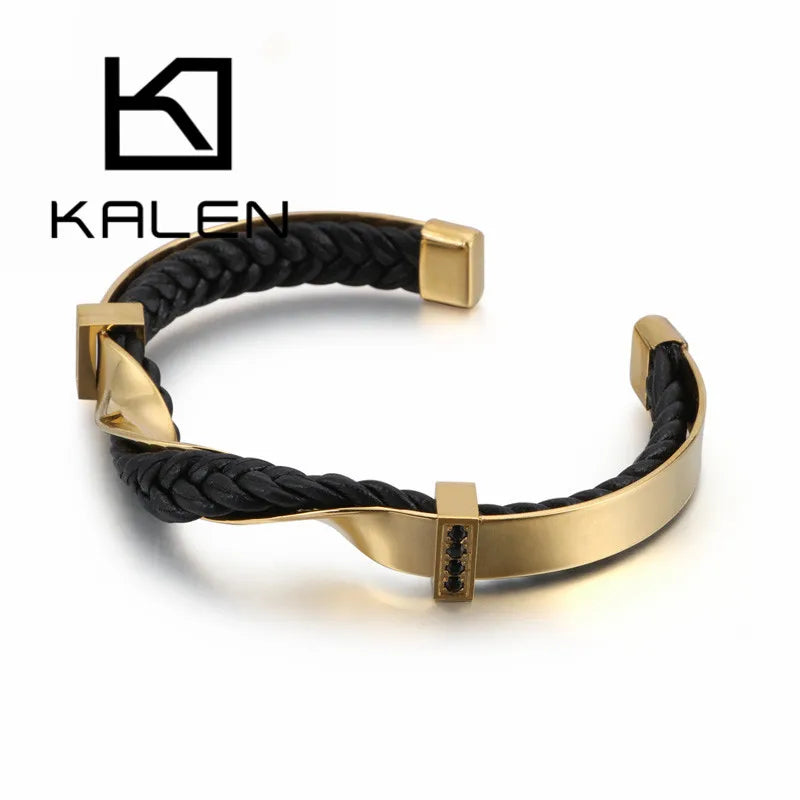 Kalen pulseiras irregulares exclusivas para homens, ouro/cor, aço inoxidável, couro de vaca, pulseiras masculinas, hip hop, joias masculinas