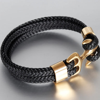 Punk Stainless Steel Anchor Bracelets Genuine Leather Bracelet & Bangles for Men Jewelry Black Color Fashion Gift