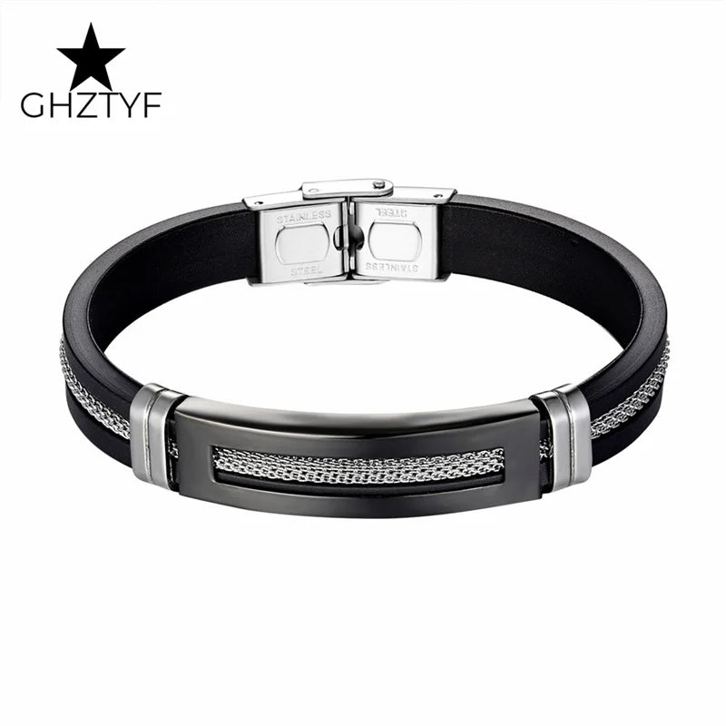 Golden Chain Stainless Steel Bracelets for Men Women Teens Black Rubber Belt Wristband Cuff Bangle Male Hand Jewelry Gifts